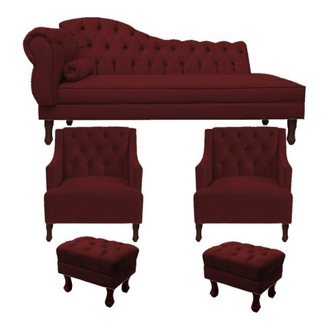 Divã Cancun 140 Direito + 2 Poltronas + 2 Puffs Bordô