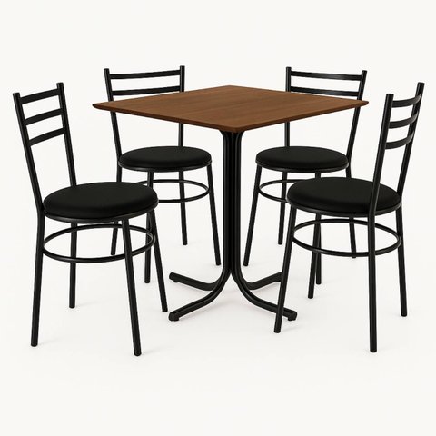 Conjunto Mesa Preta 70x70cm Tampo Imbuia com 4 Cadeiras Epoxi
