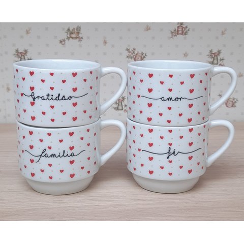 Kit Jogo 4 Xicaras Café Chá Hotel 200ml Empilháveis - Poá Coração Frases