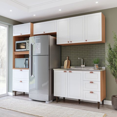 Cozinha Pérola 270cm Completa Modulada 4 Peças Branco/Freijó Yescasa