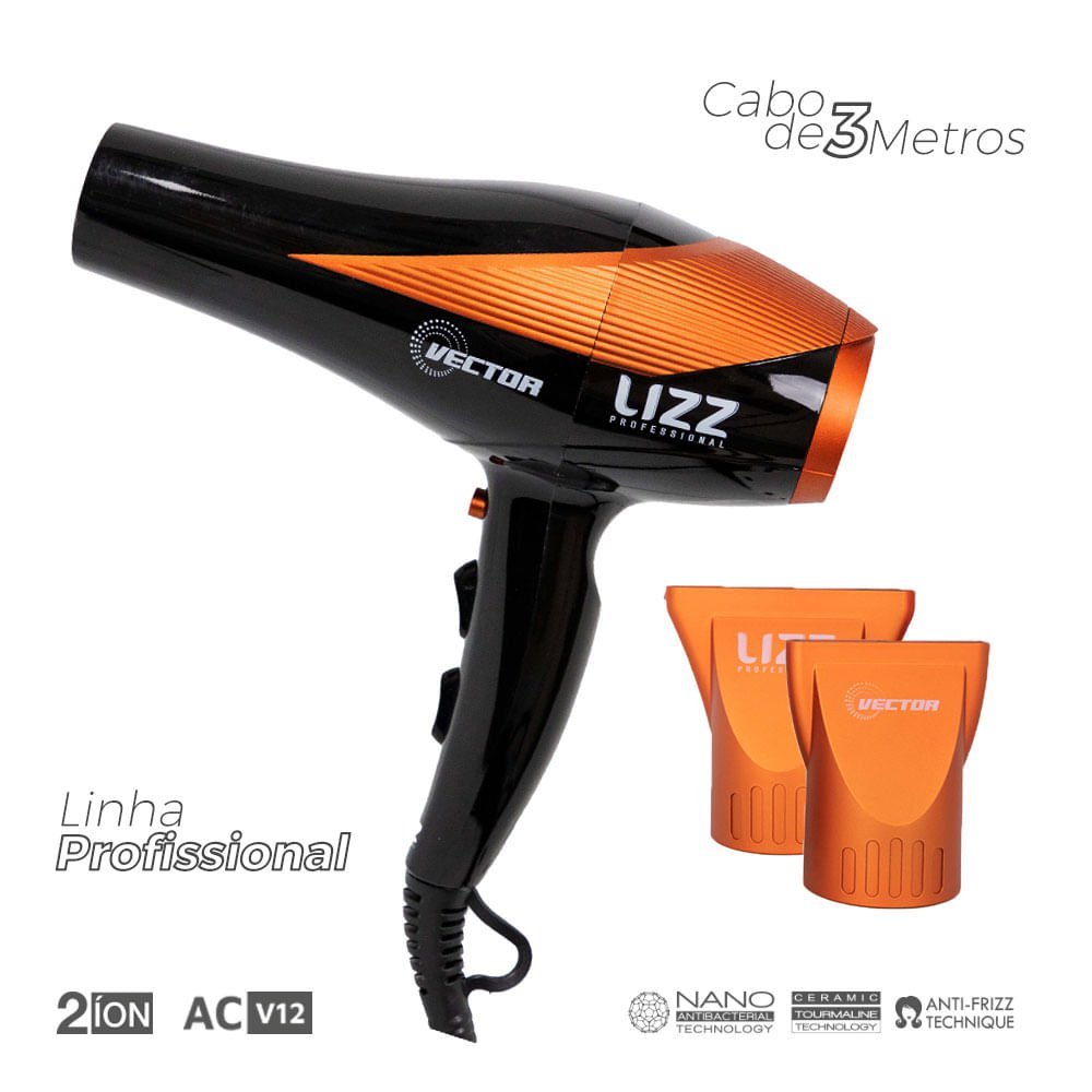 Secador Vector AC V12 - Lizz Secador LIZZ Profissional Vector Preto e Laranja- 2200W (127V) - 2