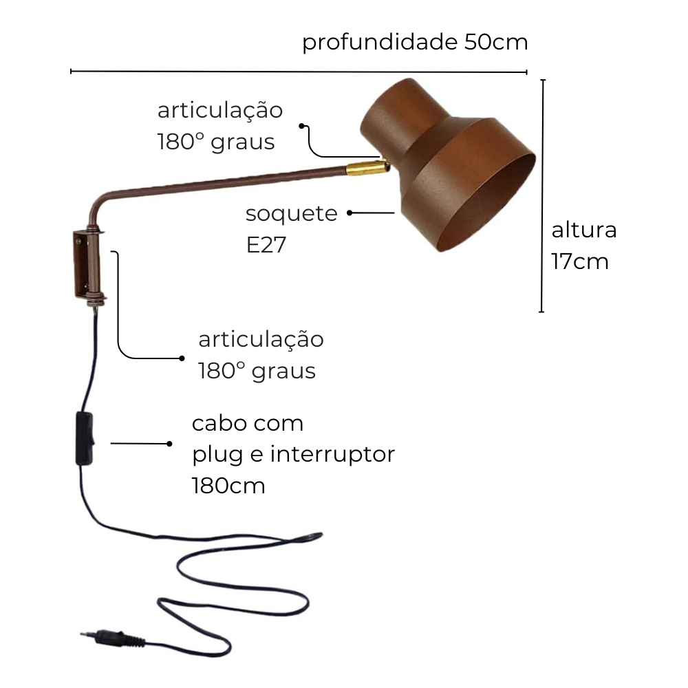 Luminária de Parede Arandela Articulada Hellen Marrom Cortem - 2