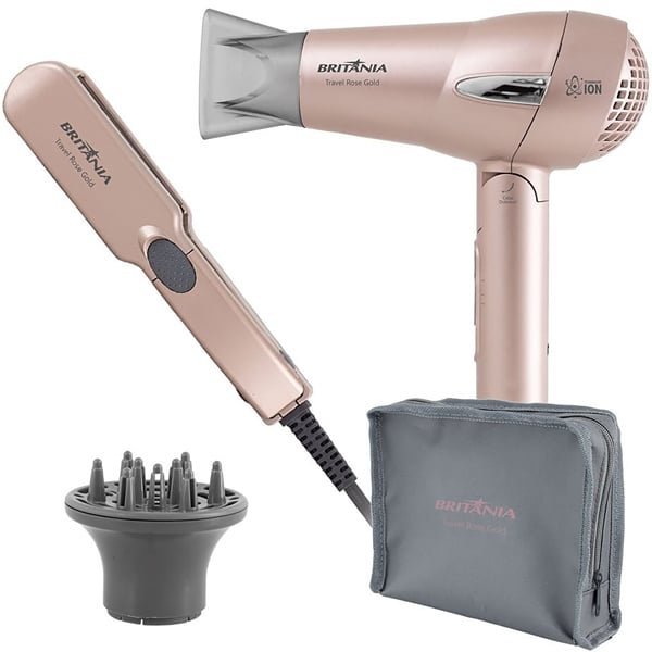 Kit Chapinha e Secador de Cabelo Britania Travel Bivolt - Rose Gold