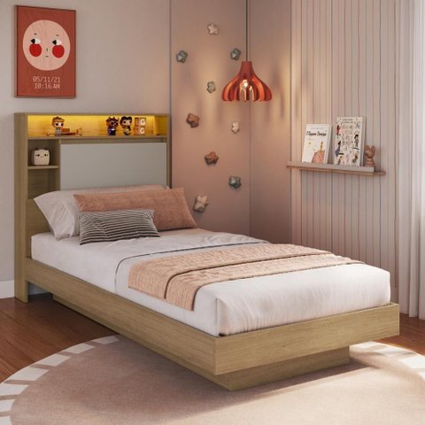 Cama de Solteiro com LED 1 Porta e Nichos para Colchão 78 88x188cm Mel Arenas Multimóveis