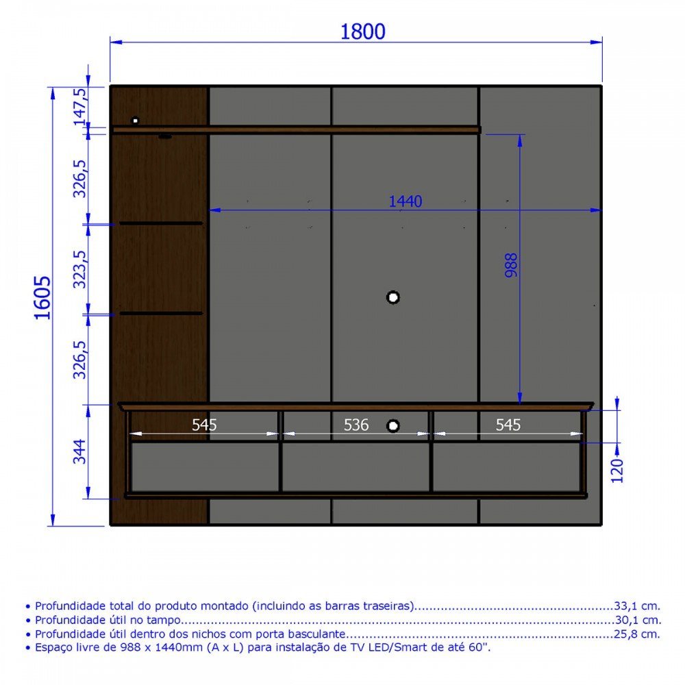 Painel para TV Até 60 Polegadas Trend 3 Portas Titanium/Naturalle - Móveis Bechara - 4