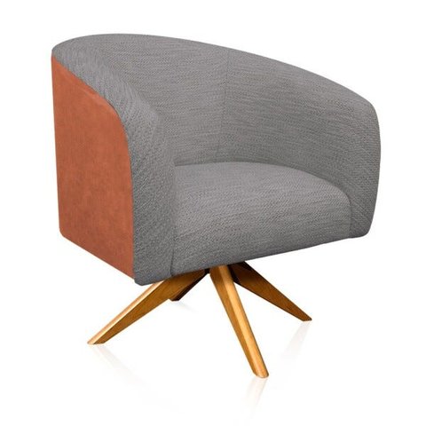 Poltrona Giratória Stella Couro Nozes com Linho Cinza A26 Base Madeira D'Rossi