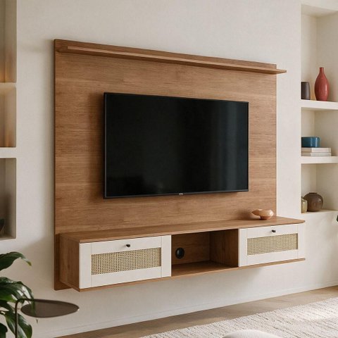Painel para TV 72 pol com Bancada Suspensa 160m 2 Portas 3D Tessaro A05 Cinamomo Off White - Lyam