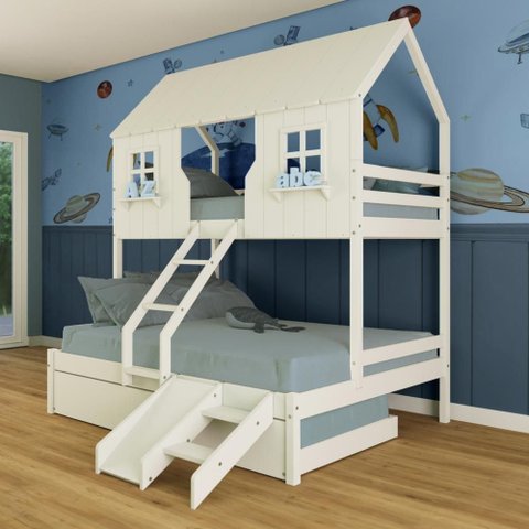 Treliche Casal/ Solteiro Casinha Encantada com Kit Escada/ Escorregador Madeira Maciça Branco