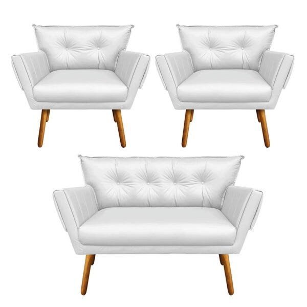Kit 1 Namoradeira e 2 Poltronas Anitta Corino Pés Palito Castanho D'Rossi - Branco - 1