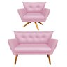 Kit 01 Namoradeira e 01 Poltrona Giratória Anitta Corino Base Madeira D'Rossi - Rosa Bebê - 1