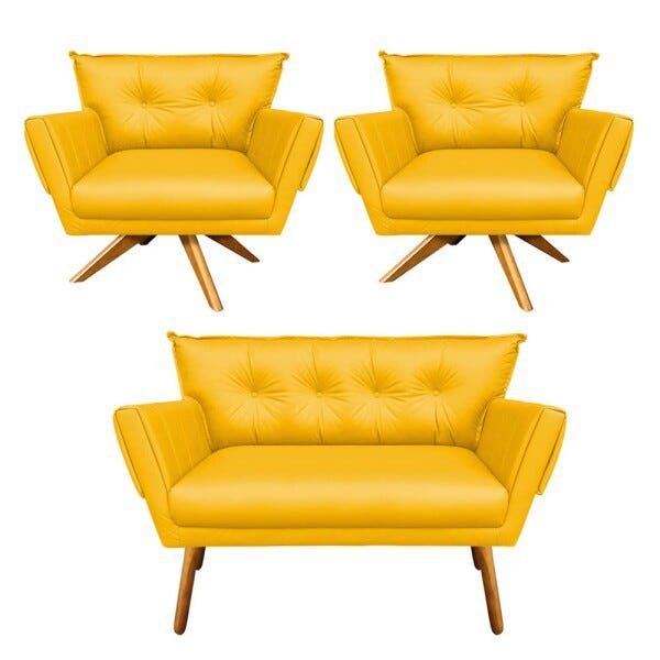 Kit 1 Namoradeira e 2 Poltronas Giratória Anitta Corino Base Madeira D'Rossi - Amarelo - 1