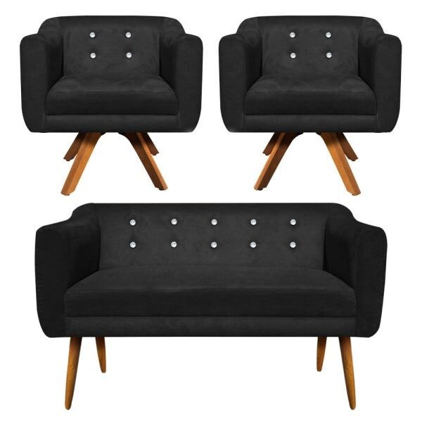 Kit Namoradeira 02 Lugares e 02 Poltronas Giratória Julia Suede Preto com Strass D'Rossi - 1