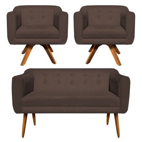 Kit Namoradeira 2 Lugares e 2 Poltronas Giratória Julia Suede Marrom Base Madeira D'Rossi