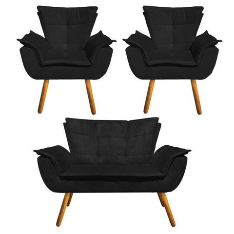 Kit 01 Namoradeira 02 Poltronas Opala Suede Preto Pés Palito Castanho D’Rossi
