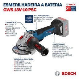 Esmerilhadeira Bosch GWS 18V-10PSC Sem baterias e carregador - 5 Esmerilhadeira Bosch GWS 18V-10PSC Sem baterias e carregador - 5