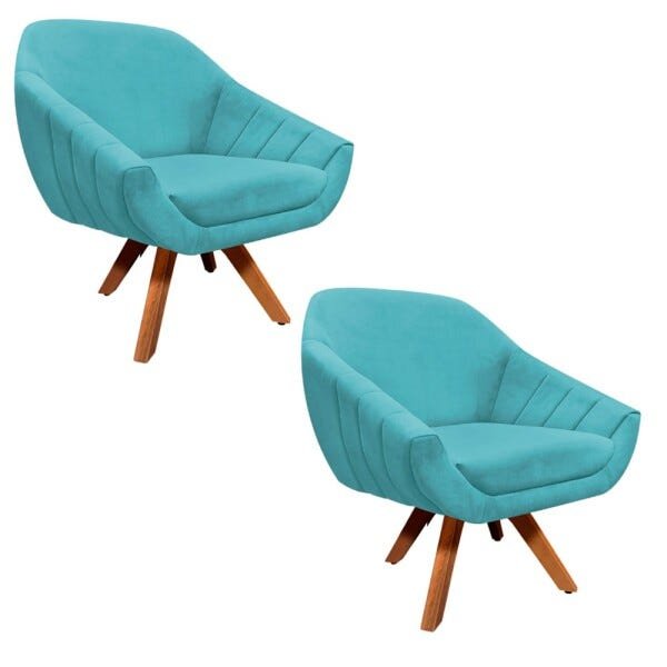 Kit 2 Poltronas Giratória Giovana Suede Azul Turquesa Base Madeira D'Rossi - 1