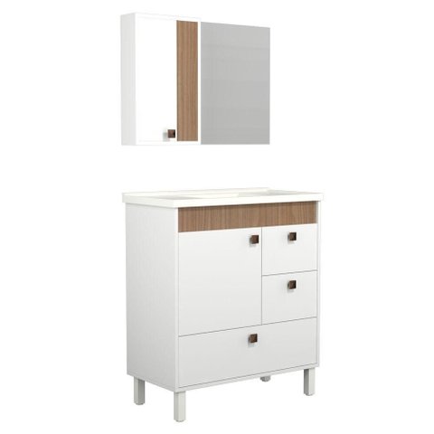 Conjunto Gabinete de Banheiro Beirute 1 Porta 3 Gavetas MDF - MDP 15mm 80cm Branco com Jequitibá
