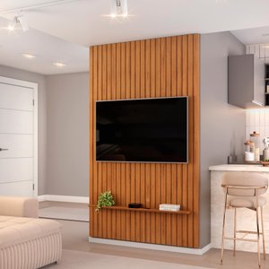 Painel Ripado para Tv com Prateleira Trento 1437x 2400 Freijó - Dj Móveis