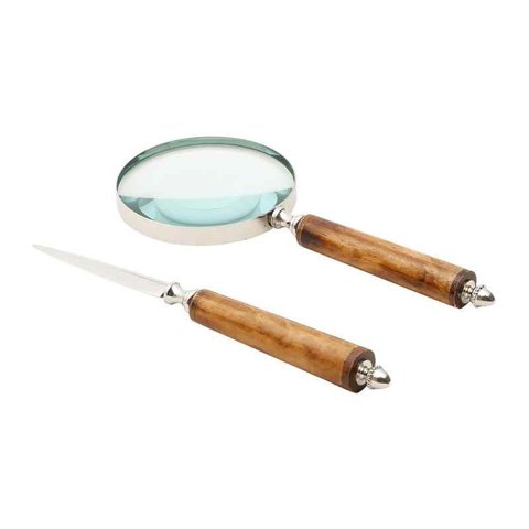 Conjunto Abridor de Carta e Lupa de Aço Inox com Cabo de Osso Wolff