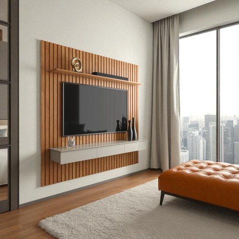 Painel para Tv 55 Polegadas Home Antares Ripado 3 Gavetas Prateleira:cinamomo/off White