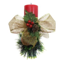 Vela Vermelha Natalina Decorativa Para Natal Com Laço Dourado - 1