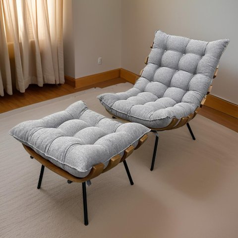 Poltrona Costela G2home + Puff Linho Cinza Lâmina Madeira