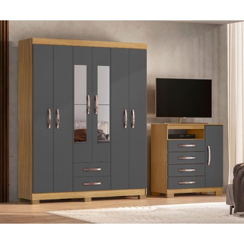 Kit Guarda Roupa 6 Portas 2 Gavetas e Espelho e Comoda Sapateira 1 Porta 4 Gavetas Carvalho Grafite