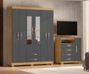 Ver imagem 1 de Kit Guarda Roupa 6 Portas 2 Gavetas e Espelho e Comoda Sapateira 1 Porta 4 Gavetas Carvalho Grafite