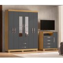 Ver imagem 1 de Kit Guarda Roupa 6 Portas 2 Gavetas e Espelho e Comoda Sapateira 1 Porta 4 Gavetas Carvalho Grafite
