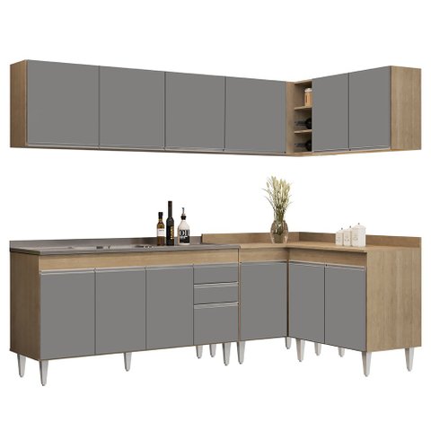 Armário de Cozinha Modulado de Canto 6 Peças Cp33 com Pia Inox Castanho/cinza - Lumil Lumil Móveis
