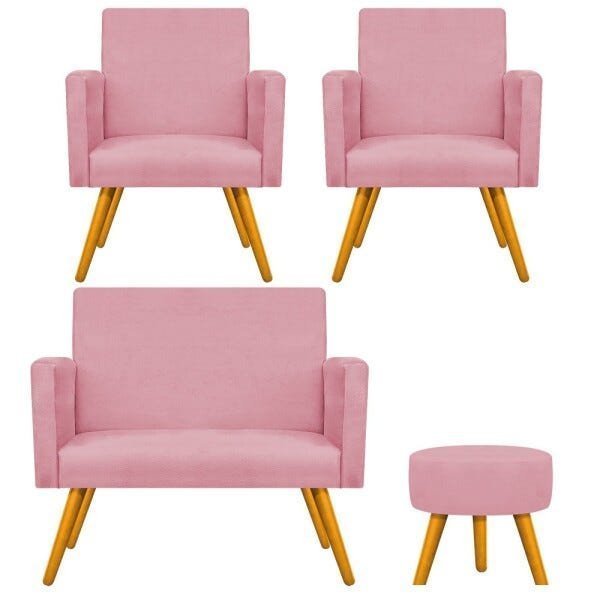 Kit Namoradeira, 02 Poltronas Beatriz e Puff Sofia Palito Mel Suede Rosa Bebê - STS Móveis - 1
