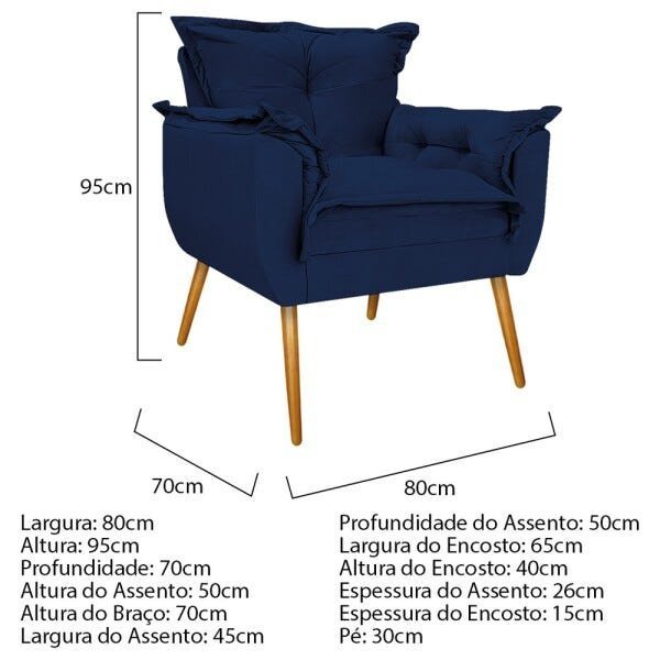Kit Namoradeira, 02 Poltronas e Puff Opala Palito Mel Suede Azul Marinho - STS Móveis - 6