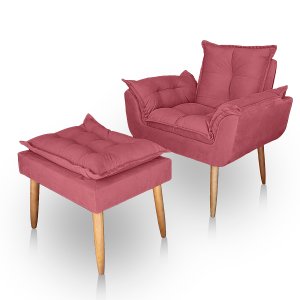 Kit Poltrona Decorativa e Puff Paola Pes Palito Suede Rosa
