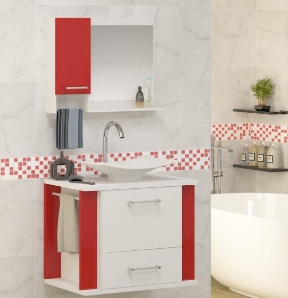 Gabinete para banheiro Lion vermelho com cuba branca e espelheira - 1