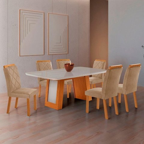 Conjunto de Jantar Carolina 6 Lugares Tampo MDF com Vidro e Cadeiras Melissa Off White 180cm Moderna