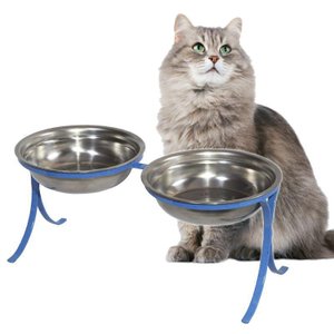 Comedouro Alto Pet Inox para Gatos Duplo Ração Agua Azul