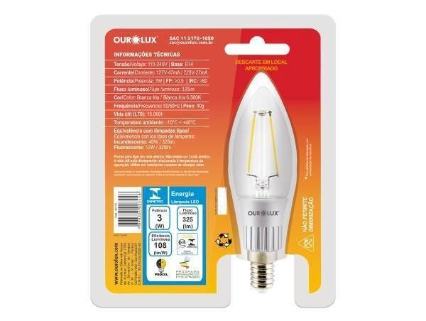 Kit 2 Lâmpadas LED Vela C35 Ourolux 3W 6500K Fosca Branco Frio - 3