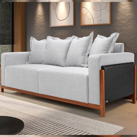 Sofá 03 Lugares para Sala de Estar 178 cm Khali B04 Linho Cinza Couríssimo Preto - Lyam Lyam Decor
