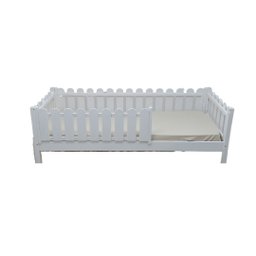 Cama Solteirão Base Montessoriana Madeira Maciça Pinus - Branco - Grade Cercadinho Completa - 1