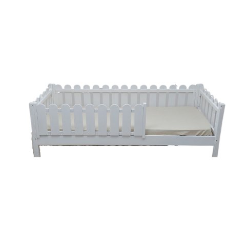 Cama Solteirão Base Montessoriana Madeira Maciça Pinus - Branco - Grade Cercadinho Completa