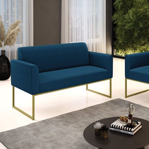 Sofá 2 Lugares Namoradeira Industrial Dourado Marisa Bouclê Azul D03 - D’Rossi