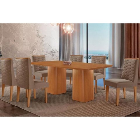 Conjunto: Mesa Sala Jantar Maldivas Tampo Curvo 180cm+6 Cadeiras Dafne Madeira Naturale - Capuccino/