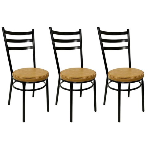 Conjunto 3 Cadeiras de Cozinha Redonda com Reforço Preta Assento Grosso Caramelo