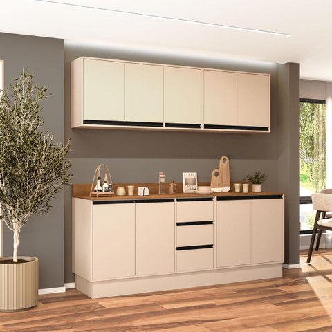Cozinha Koya 4 Peças 200x214cm Armários Aéreos Balcões c/ 3 Gavetas Tampo Rodapé Creme 250046