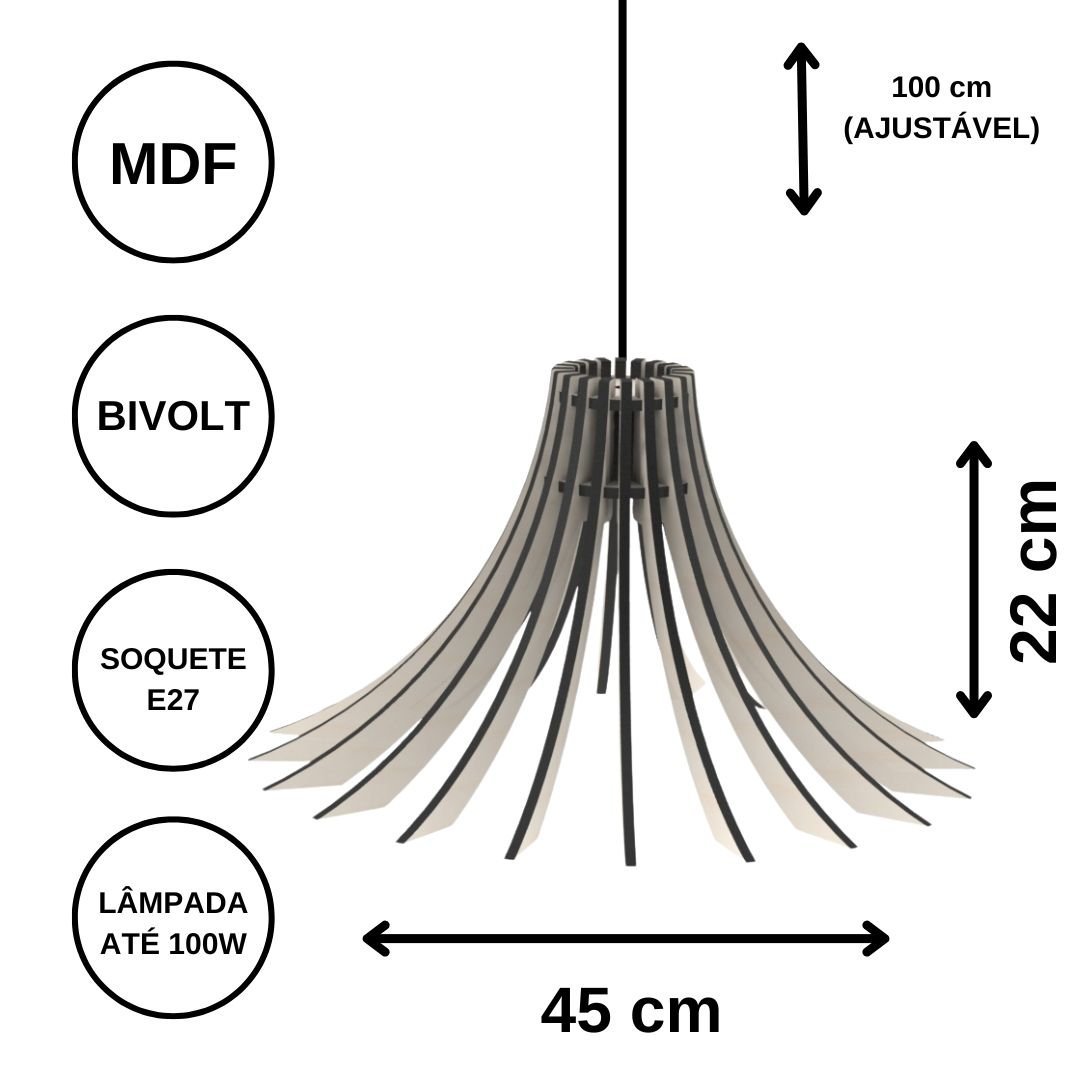 Luminária Teto tipo Pendente DALIA MDF - Completa - Cor: Preta - 3