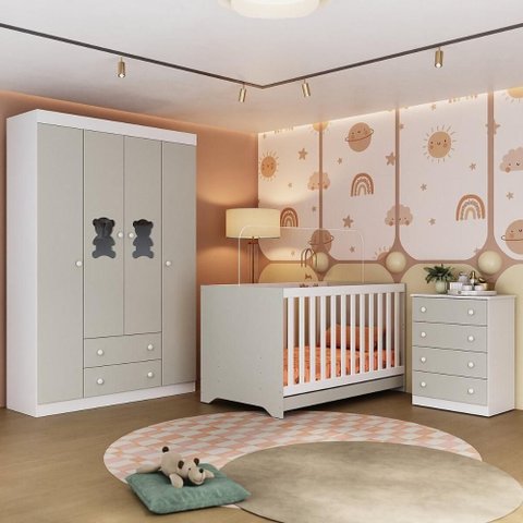 Quarto de Bebê Completo com Berço Americano 3 em 1 Teddy Multimóveis Mp4648 Branco/off White