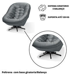 Poltrona do Papai Base Mecânico Giratória e Balanço Confortavel Veludo Cinza - 2