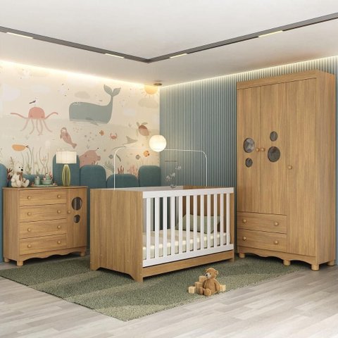 Quarto de Bebê Completo com Berço Americano 3 em 1 Suspiro Multimóveis Mp4624 Madeirado
