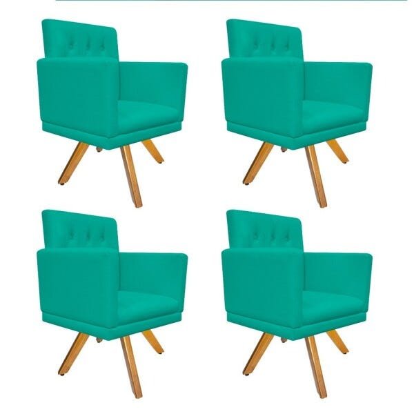 kit 04 Poltronas Fernanda Base Giratória de Madeira Corano Azul Turquesa - STS Móveis - 1