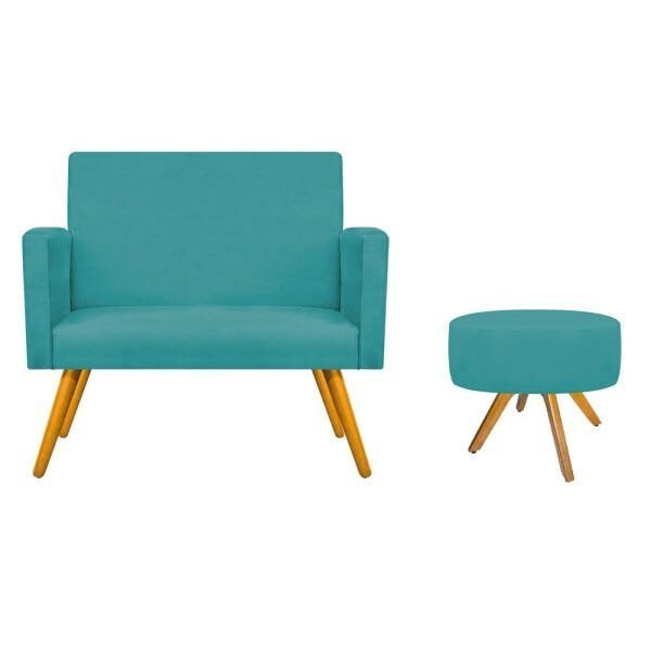 Kit Namoradeira Beatriz e Puff Sofia Base Giratória de Madeira Suede Azul Turquesa - STS Móveis - 1